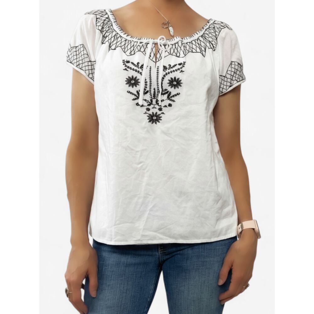 White Round Neck Brown Embroidered Peasant Boho Festival Top Blouse Sz Medium